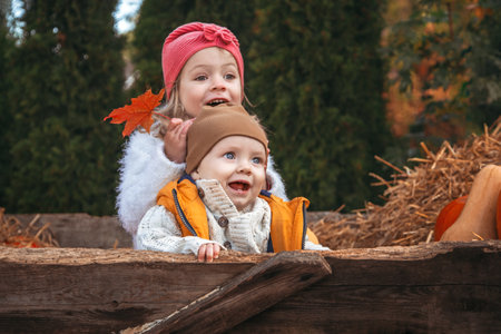 Happy children at pumpkin farm during Halloween, little girl in and baby boy having fun together in sunny dayの写真素材