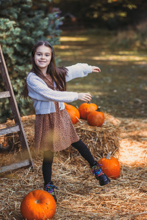 Autumn harvest of pumpkins. Child and orange pumpkin at farm market or seasonal festival. Cute little girl playing among pumpkins. Thanksgiving holiday season and Halloween.の写真素材