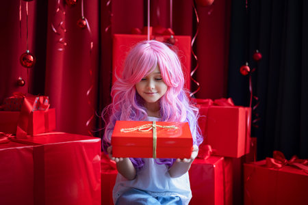 VanillaGirl. Kawaii vibes. Little girl with pink hair and gift box have party in pink style on red Christmas backgroundの写真素材