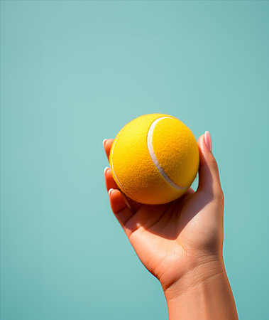 Tennis ball in woman's hand on the blue background. Copy spaseの素材