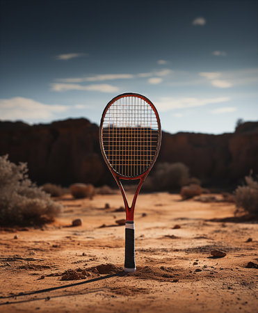 image of Tennis racket on a dirt courtの素材