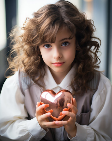 A little girl looks at the camera and holds a heart figurine in her hands. Valentine's Dayの素材