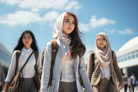 young Muslim women with their heads covered in headscarves in the courtyard of the universityの素材