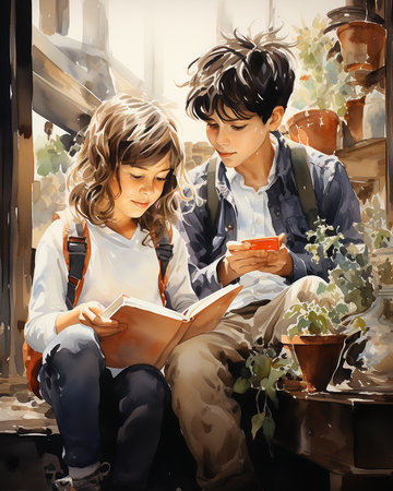 A boy and a girl are sitting next to each other on a bench. The boy has a phone in his hands, the girl is reading a book. Confrontation between digital content and booksの素材