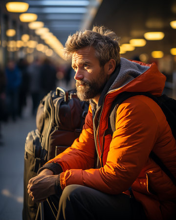 A man with a backpack at the station is waiting for the train to go on a tripの素材