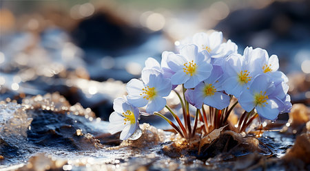 First spring flowers on a sunny day in the forest. Copy spaceの素材