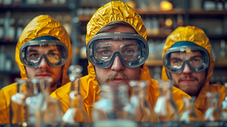A group of scientists in protective suits in a scientific laboratory conducts dangerous experiments with chemical instruments and equipment. Innovation in the scientific world.の素材
