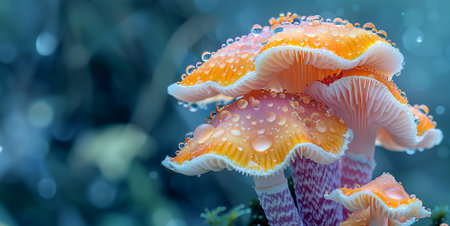 Image of mushrooms against a background of fantastic nature. Mushroom growth. Copy space.の素材