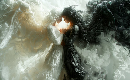 A symbolic representation of two women as angels, one white and the other black. The light and dark side of the human soulの素材