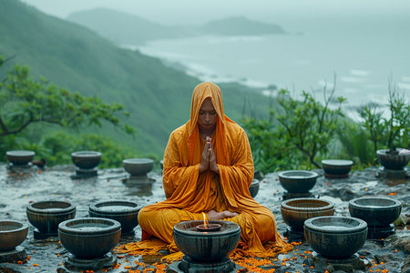 A Buddhist monk prays on top of a mountain on Vesak, celebrating the birth, enlightenment and death of Buddhaの素材