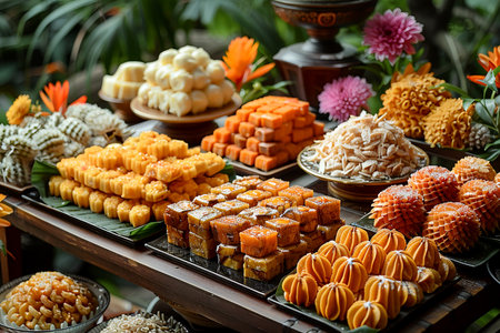 Traditional dishes and sweets that are prepared and distributed on Vesak in honor of the birth, enlightenment and death of Buddhaの素材