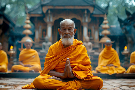 A Buddhist monk prays at a Buddhist temple during the Vesak festival in honor of the birth, enlightenment and death of Buddhaの素材