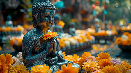 Buddha statue decorated with flowers in a Buddhist temple on Vesak holiday in honor of the birth, enlightenment and death of Buddhaの素材