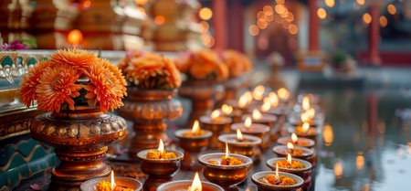 Streets and temples are decorated with flowers and lamps on Vesak to celebrate the birth, enlightenment and death of Buddha. Copy spaceの素材
