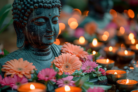 Lamps, flowers and candles in front of Buddha statues in a Buddhist temple on the Vesak holiday in honor of the birth, enlightenment and death of Buddhaの素材