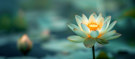 The lotus flower is a symbol of the Vesak holiday in honor of the birth, enlightenment and death of Buddha. Banner, copy spaceの素材