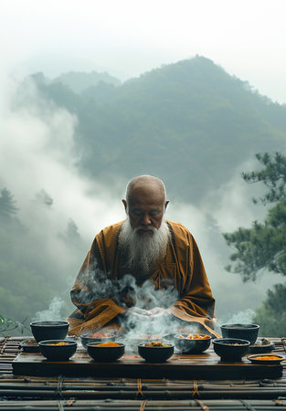 A Buddhist monk prays before a meal prepared on Vesak to celebrate the birth, enlightenment and death of Buddha.の素材