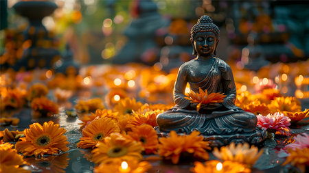 Buddha statue decorated with flowers in a Buddhist temple on Vesak holiday in honor of the birth, enlightenment and death of Buddha. Copy spaceの素材