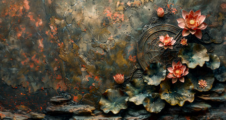 The Wheel of Dharma with lotus flowers is a symbol of the Vesak holiday in honor of the birth, enlightenment and death of Buddha. Banner, copy spaceの素材