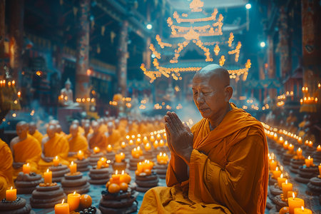 A Buddhist monk prays before a meal prepared on Vesak to celebrate the birth, enlightenment and death of Buddha.の素材