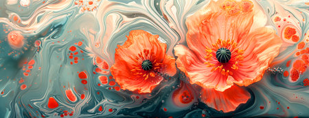 Watercolor image of poppy flowers, delicate shades and imitation of water surface. Banner. Copy spaceの素材
