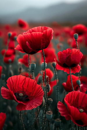 Red poppy flowers close up in a field at sunsetの素材