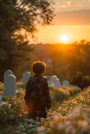 The boy looks into the distance against the backdrop of a military cemetery. A moment of silence in honor of the fallen soldiers. Memorial Day in the USA. Copy spaceの素材