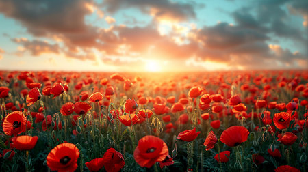 Large field of blooming red poppies at sunset, copy spaceの素材