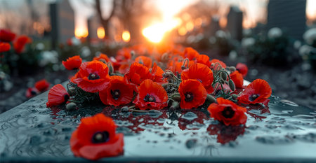 Flowers of red poppies on an obelisk at a military cemetery. The poppy is a symbol of memory of the fallen. Memorial Day in the USAの素材