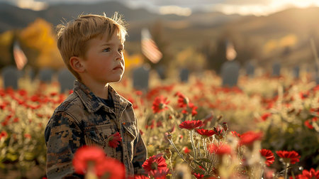 The boy looks into the distance against the backdrop of a military cemetery. A moment of silence in honor of the fallen soldiers. Memorial Day in the USA. Copy spaceの素材