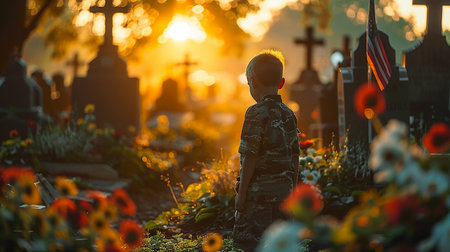 The boy looks into the distance against the backdrop of a military cemetery. A moment of silence in honor of the fallen soldiers. Memorial Day in the USAの素材