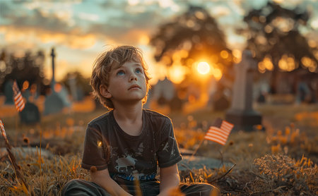 The boy looks into the distance against the backdrop of a military cemetery. A moment of silence in honor of the fallen soldiers. Memorial Day in the USAの素材