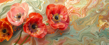 Watercolor image of poppy flowers, delicate shades and imitation of water surface. Banner. Copy spaceの素材