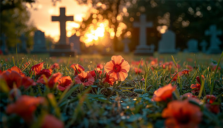 Military cemetery lined with flowers on Memorial Day in the USAの素材