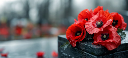 Flowers of red poppies on an obelisk at a military cemetery. The poppy is a symbol of memory of the fallen. Memorial Day in the USA. Banner, copy spaceの素材