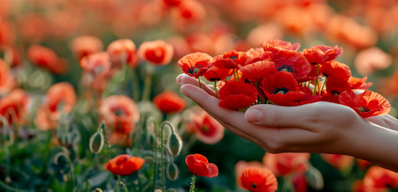 Palms with flowers of red poppies against the background of a poppy field at sunset. The poppy is a symbol of memory of the fallen. Memorial Day in the USA. Banner, copy spaceの素材