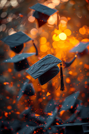 Image of student caps floating in the air at sunsetの素材