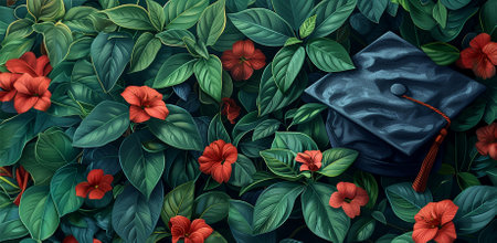 Digital image of a student's academic cap against a background of green leaves and flowers. Copy spaceの素材
