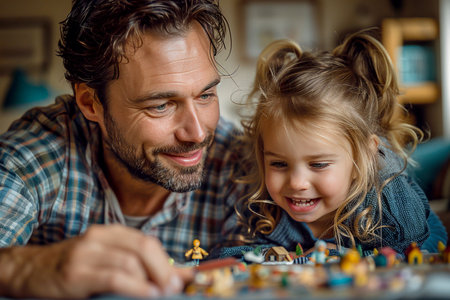 Father plays with little daughter at home with toys. Happy moment of communication between father and child. Father's Dayの素材
