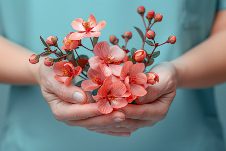 close-up of the hands of a medic nurse with a flower. International Nurses Dayの素材