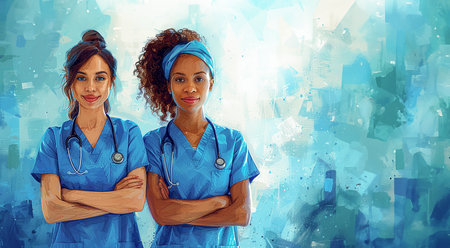 paint drawing of two medical nurses with different skin colors on a blue background. International Nurses Day. Copy spaceの素材