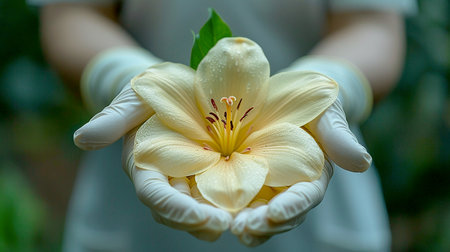 close-up of the hands of a medic nurse in medical gloves with a flower. International Nurses Dayの素材