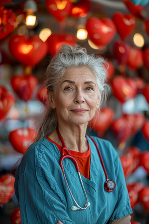 An elderly woman nurse with a stethoscope against the background of images of a heart. International Nurses Dayの素材