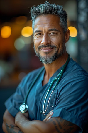 Male doctor in a coat with a stethoscope. International Nurses Day. The importance of medicine in our livesの素材