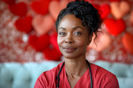 An elderly black medical nurse against a background of hearts. International Nurses Dayの素材