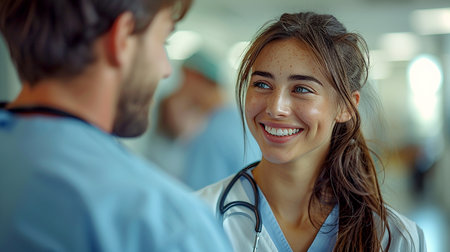 A female nurse stands and smiles with a male colleague in the hospital. International Nurses Day. Medicineの素材