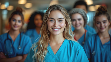 A nurse stands and smiles surrounded by colleagues in the hospital. International Nurses Day. Medicineの素材