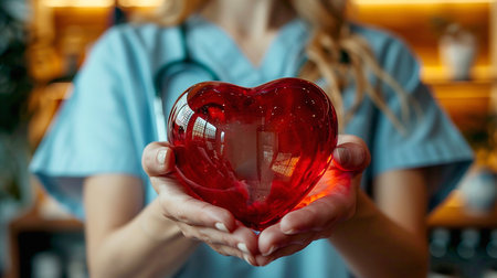 Close-up of a nurse's hands holding a red glass heart. International Nurses Day. The importance of medicine in our livesの素材