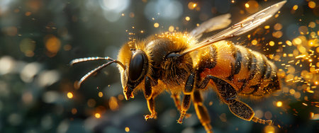An image of a bee flying and leaving a trail of fire behind it. the importance of bees and insects in life on planet Earth. World Bee Day. Copy space. Bannerの素材