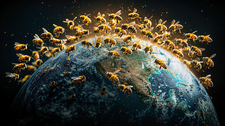 Image of a bee and a globe of the planet Earth. The importance of bees and insects for the planet. World Bee Dayの素材